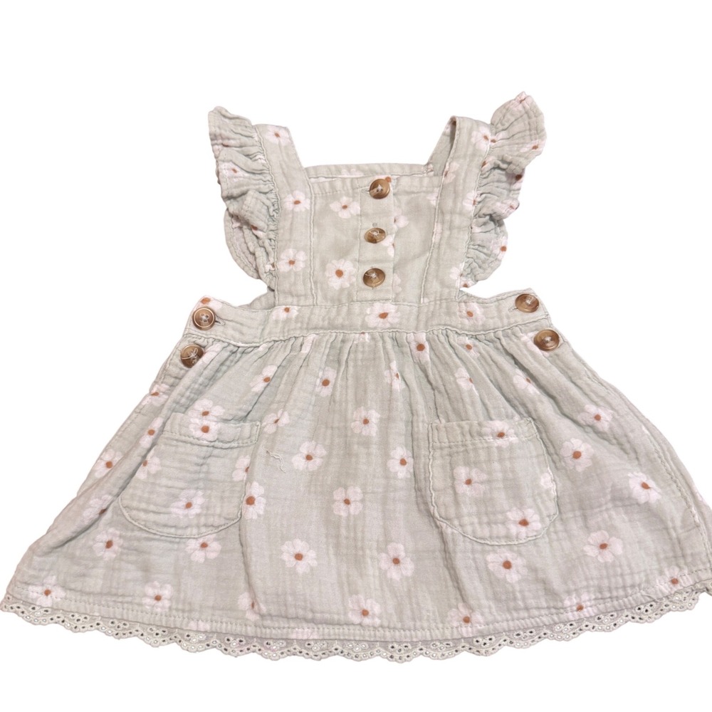 Nicole Miller New York Baby Girl 12M Sage Green Daisy Gauze Pinafore Dress Lace